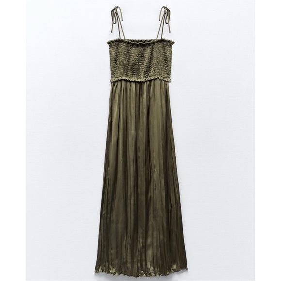 Nwt Zara green satin effect pleated midi dress - Picture 1 of 4